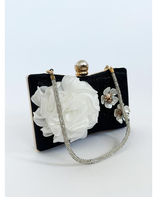 SVNX Black Square Clutch Bag With 3D Florals And Rhinestone Handle