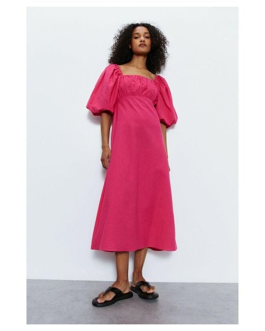Warehouse Pink Cotton Puff Sleeve Ruched Bodice Midi Dress