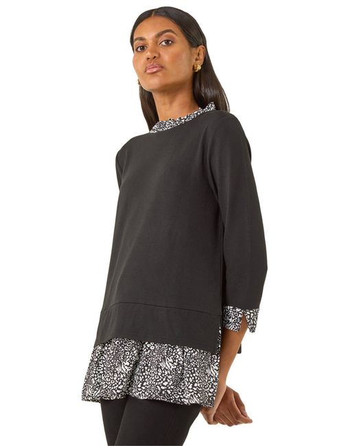 Roman Black Abstract Print Trim Tunic