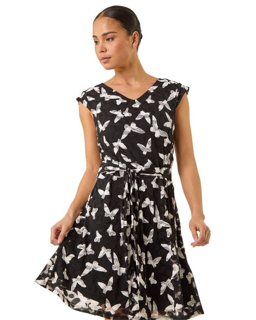 Roman Black Petite Butterfly Tie Waist Dress
