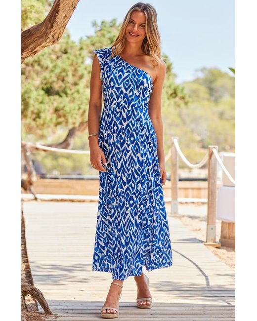 Sosandar White Aztec Print One Shoulder Fit & Flare Maxi Jersey Dress