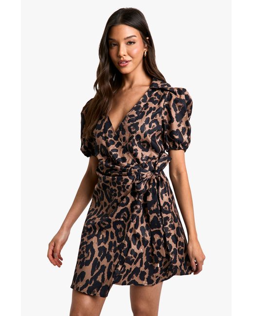 Boohoo Black Leopard Wrap Smock Dress