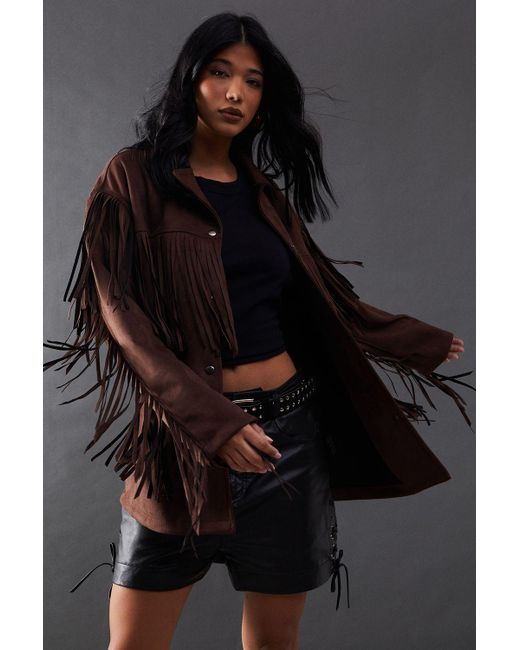 Warehouse Black Suedette Western Fringed Jacket