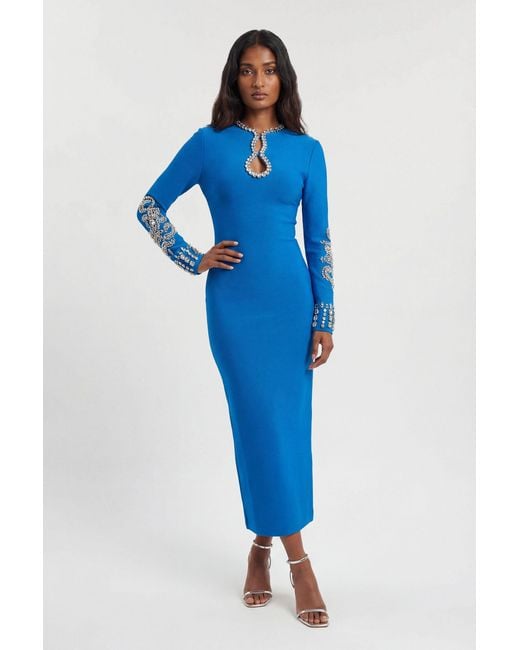 Karen Millen Blue Figure Form Bandage Knit Embellished Wide Sleeve Midi Dress