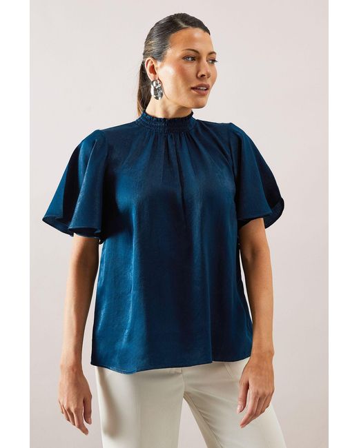 Wallis Blue Hammered Satin Shirred Neck Blouse