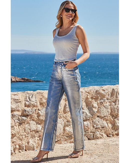 Sosandar Blue Metallic Straight Leg Jeans
