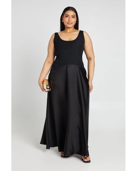 Boohoo Black Plus Crepe Sleeveless Dress With Satin Skirt