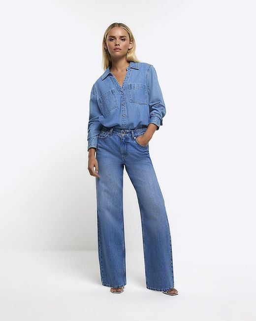 River Island Blue Straight Leg Jeans Petite High Waisted Button Cotton