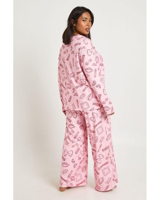 Boohoo Pink Plus Pasta Print Long Sleeve Shirt And Trousers Pyjama Set