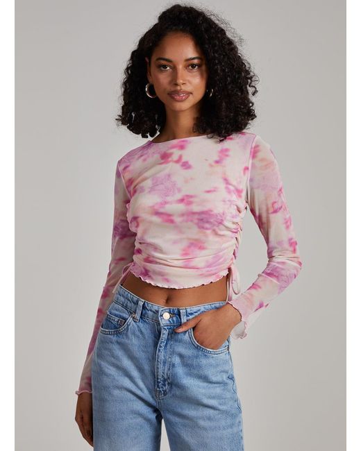Pink Vanilla Pink Watercolour Long Sleeve Mesh Crop Top