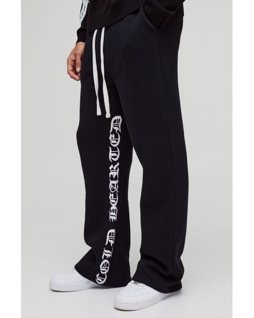 BoohooMAN Black Relaxed Flare Gothic Gusset Print Sweatpants for men