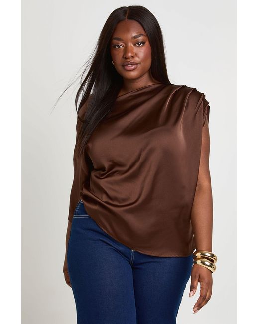 Boohoo Blue Plus Satin Ruched Shoulder Off The Top