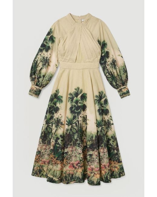 Karen Millen Green Botanical Print Woven Balloon Sleeve Maxi Dress