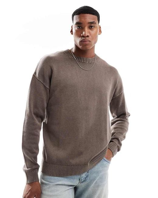 ASOS Brown Washed Relaxed Knitted Crew Neck Jumper for men