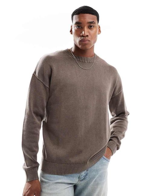 ASOS Brown Washed Relaxed Knitted Crew Neck Jumper for men