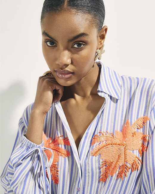 River Island White Shirt Striped Embellished Palm Beach Viscose