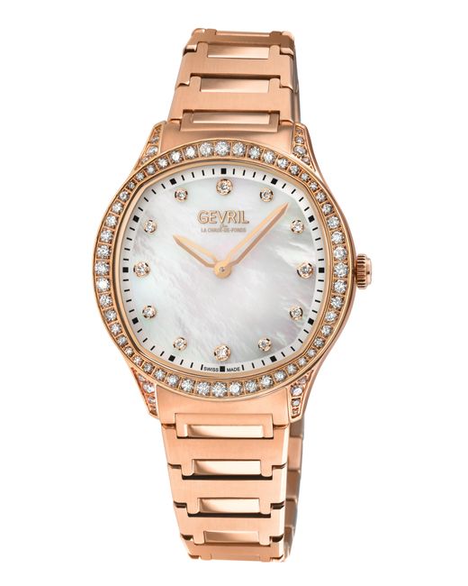 Gevril Metallic Morcote Swiss Diamond Watch, 316L Ss/Iprg Case, Mop, Ip Rose Bracelet