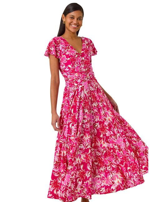 Roman Pink Floral Ruched Waist Maxi Dress