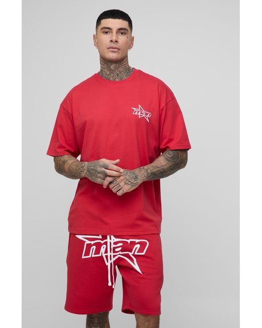 BoohooMAN Red Tall Star Puff Print Oversized T-Shirt & Relaxed Jersey Short Set for men
