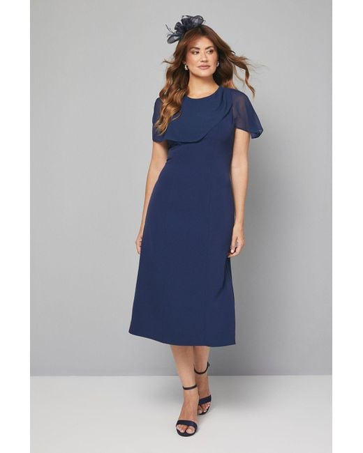 Wallis Chiffon Cape Detail Pencil Dress in Blue