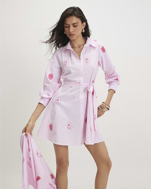 River Island Pink Shirt Dress Cotton Smiley Embroidered