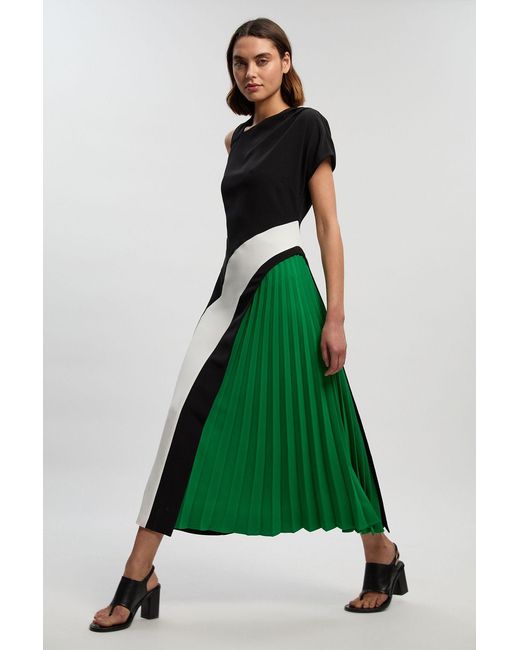 Karen Millen Green Petite Soft Tailored Colour Block High Neck Pleated Midi Dress
