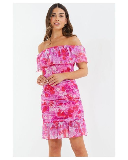 Quiz Petite Pink Floral Ruched Bardot Mini Dress