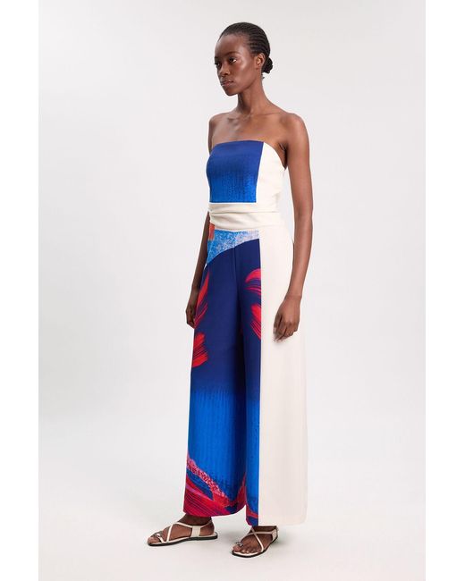 Karen Millen Blue Soft Tailored Colourblock Bandeau Jumpsuit
