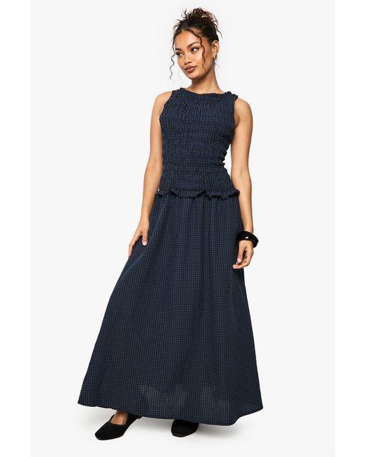 Boohoo Blue Gingham Shirred Detail Drop Waist Midaxi Dress