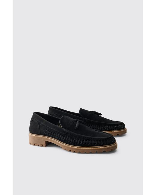 BoohooMAN Black Faux Suede Weave Track Sole Loafer for men