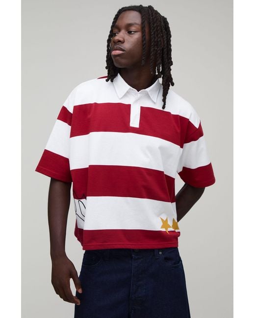 BoohooMAN Red Oversized Boxy Shrunken Half Sleeve Applique Stripe Rugby Polo for men