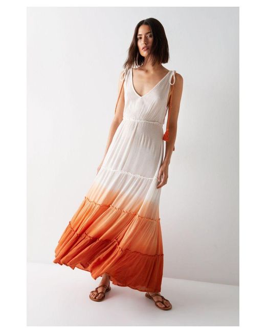 Warehouse White Crinkle Viscose Ombre Tiered Tie Maxi Dress
