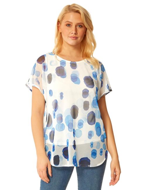 Roman Blue Spot Mesh Overlay Top