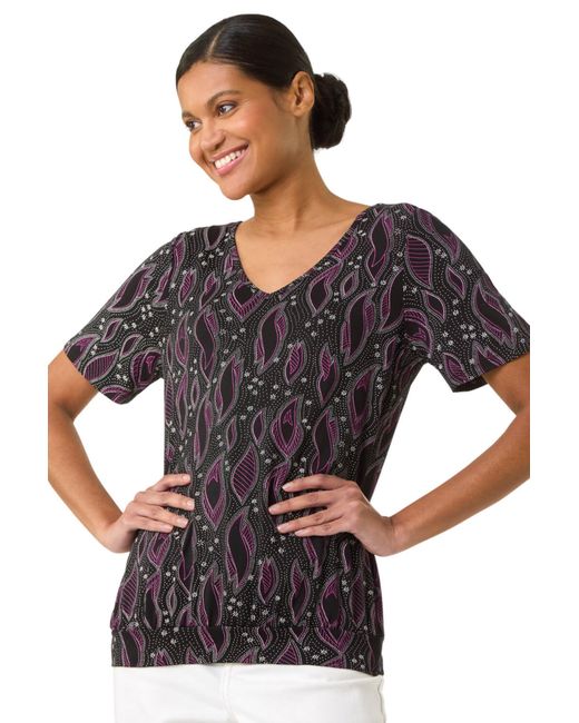 Roman Black Printed Banded Hem Stretch Top