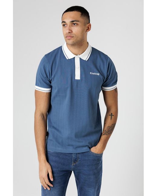 Firetrap Blue Mid Regular Fit Ribbed Cotton Button Polo for men