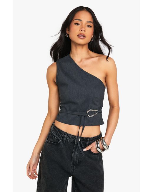 Boohoo Blue Bengaline One Shoulder Trim Detail Top