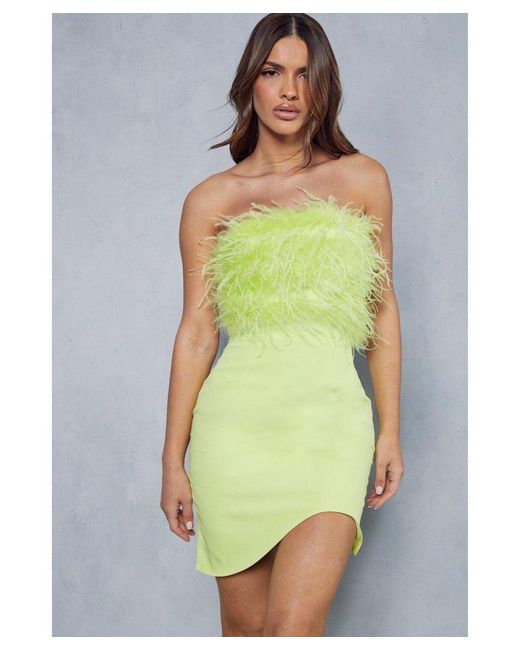 MissPap Green Curved Hem Feather Mini Dress