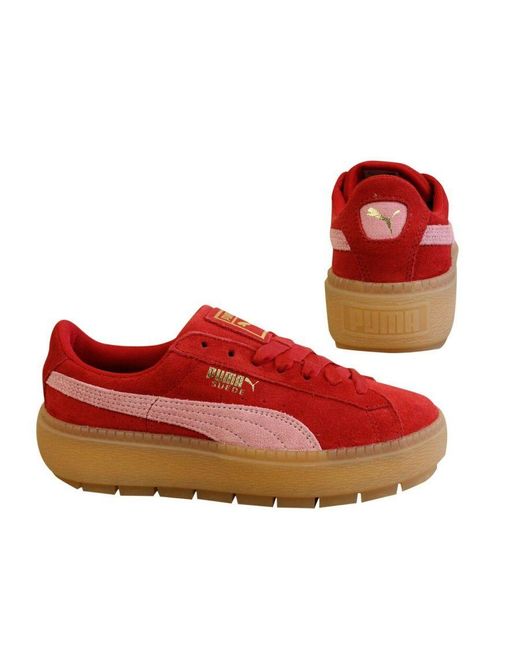 PUMA Red Platform Trace Cleated Lace Up Suede Trainers