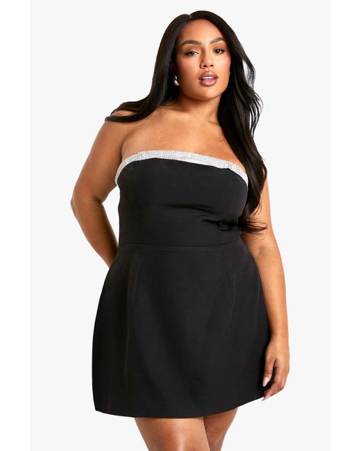 Boohoo Black Plus Diamante Trim Skater Mini Dress