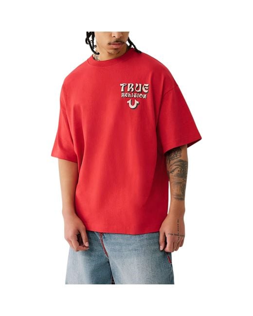True Religion Red T Shirts Short Sleeve Flocked Summer Crew Neck Tee for men
