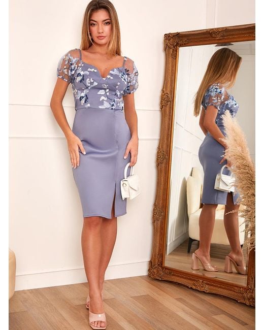 Chi Chi London Blue Floral Embroidered Dress V Neck Floral