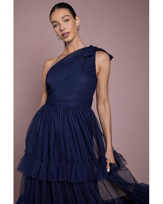 Oasis Blue Pleated Mesh One Shoulder Tiered Maxi Bridesmaid Dress