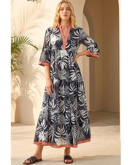 Roman Black Leaf Border Print Maxi Dress