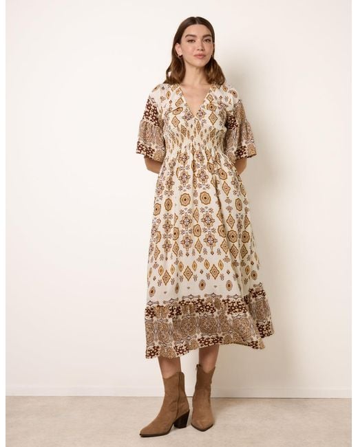 Blue Vanilla Natural V Neck Border Print Dress