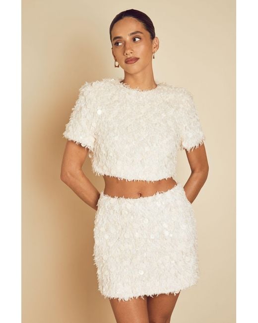 MissPap Natural Textured Fluffy Sequin Mix Mini Skirt