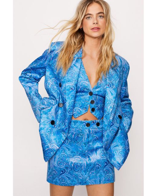 Nasty Gal Blue Premium Paisley Printed Velvet Blazer