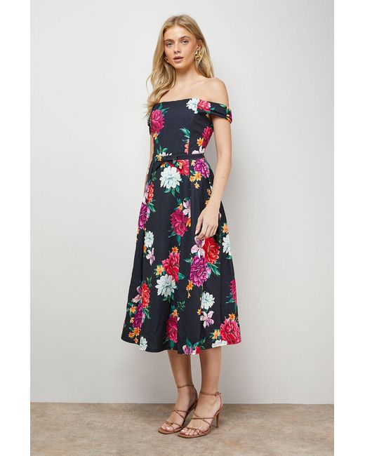 Oasis White Printed Bow Front Bardot Midi Dress