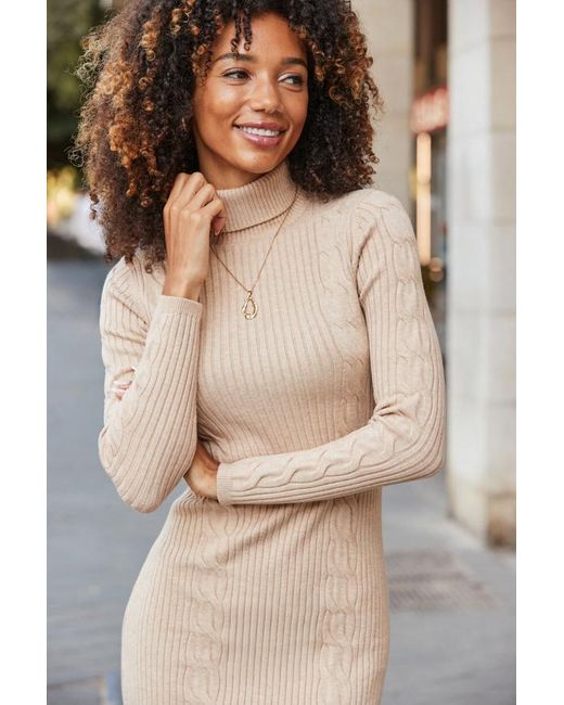 Sosandar Natural Roll Neck Cable Knit Midi Dress