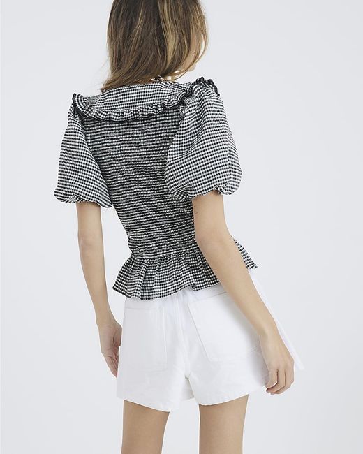 River Island White Top Gingham Short Sleeve Collared