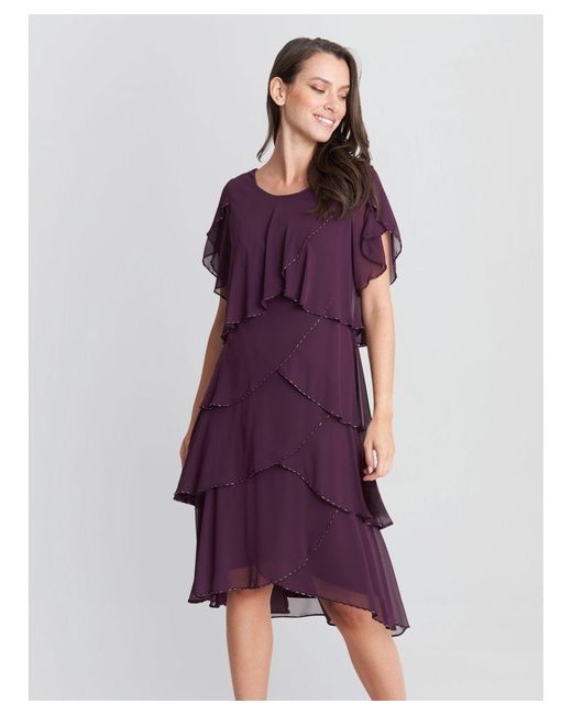 Gina Bacconi Purple Trysta Bugle Beaded Trim Tiered Cocktail Dress With Flitter Sleeves